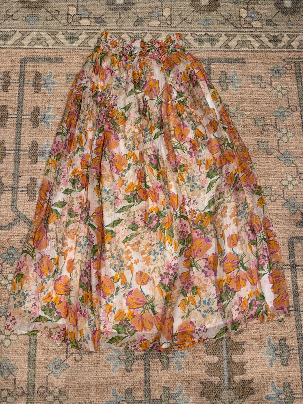 Buru Smocked Waist Floral Midi Skirt in Pink and Orange